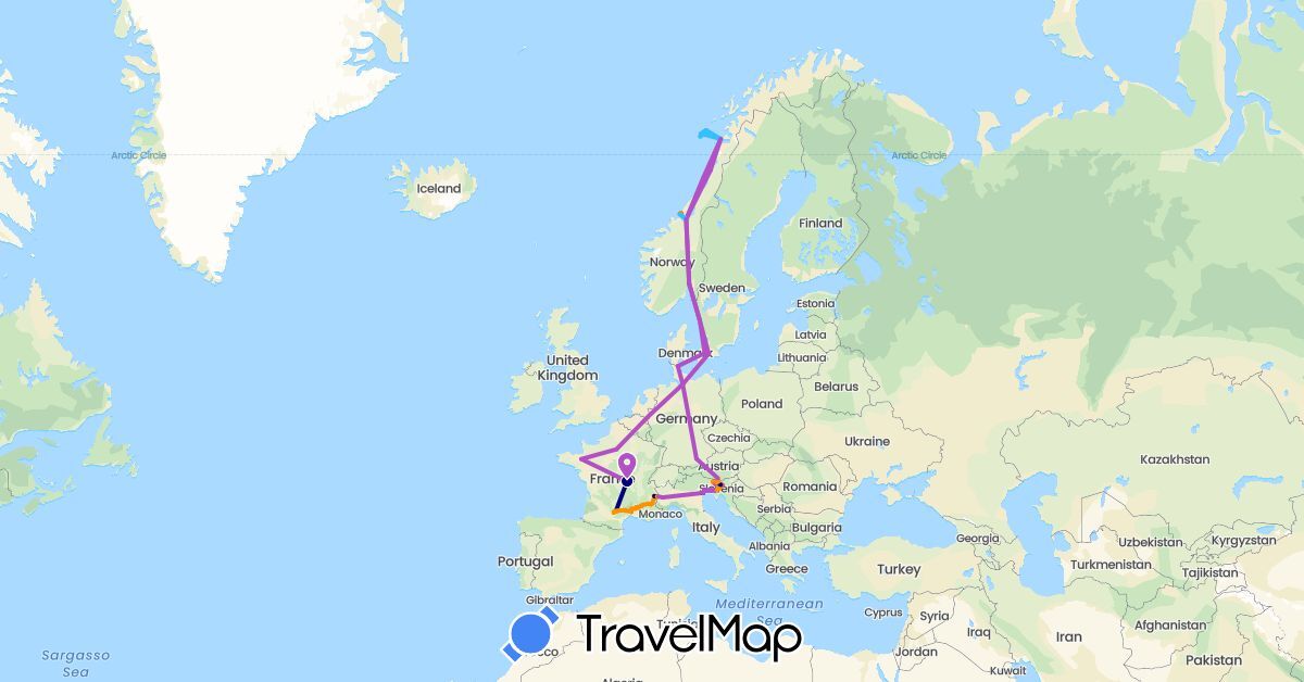 TravelMap itinerary: driving, train, hiking, boat, hitchhiking in Austria, Germany, Denmark, France, Italy, Norway, Sweden, Slovenia (Europe)